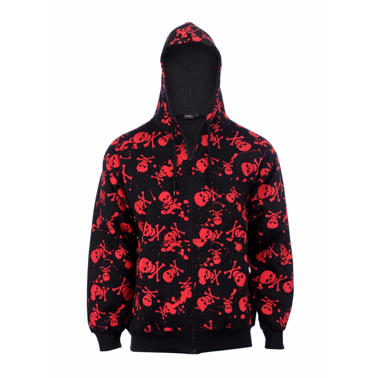 Unisex Black & Red Skull Cross Bone Zip Hoodie Gothic Punk Biker Halloween Style