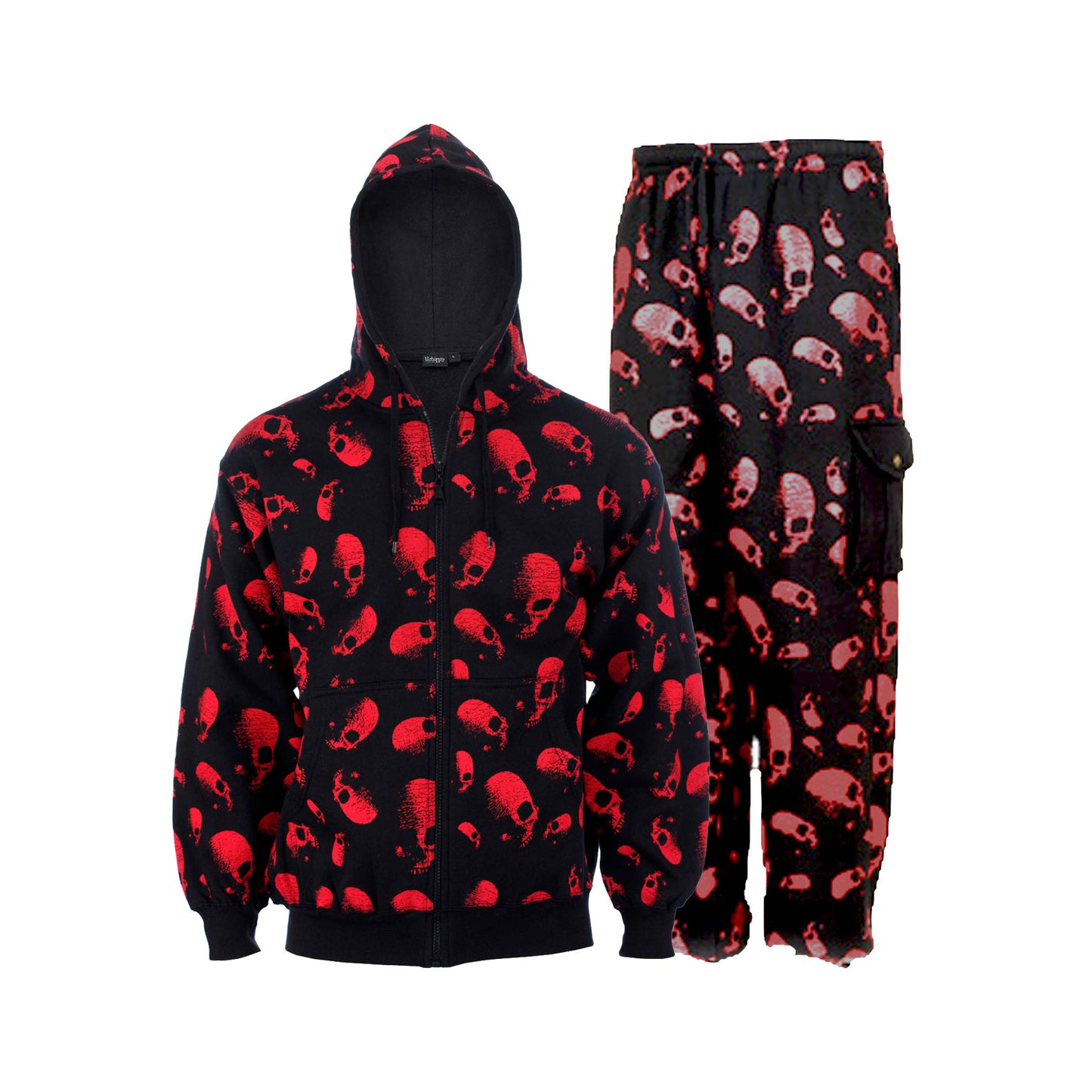 RED BOLD SKULL PRINT Tracksuit, for Halloween Zipped Hoodie & Bottoms, Goth