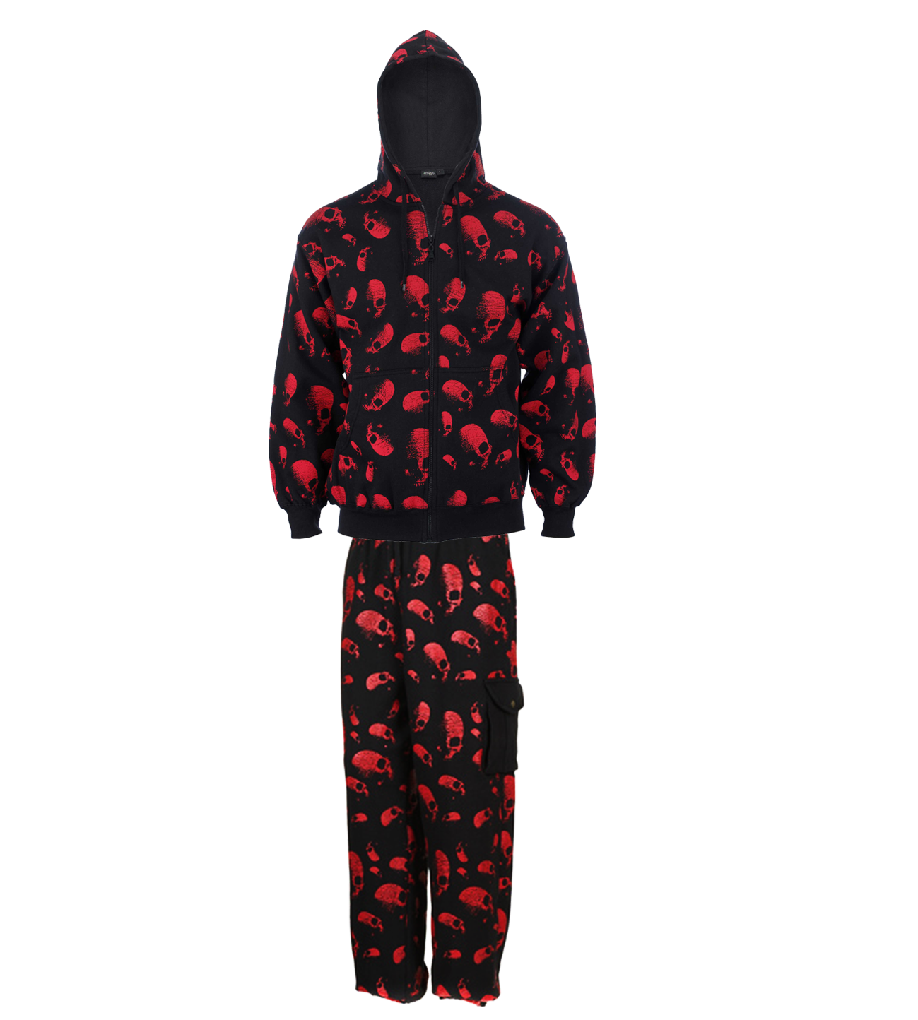 RED BOLD SKULL PRINT Tracksuit, for Halloween Zipped Hoodie & Bottoms, Goth