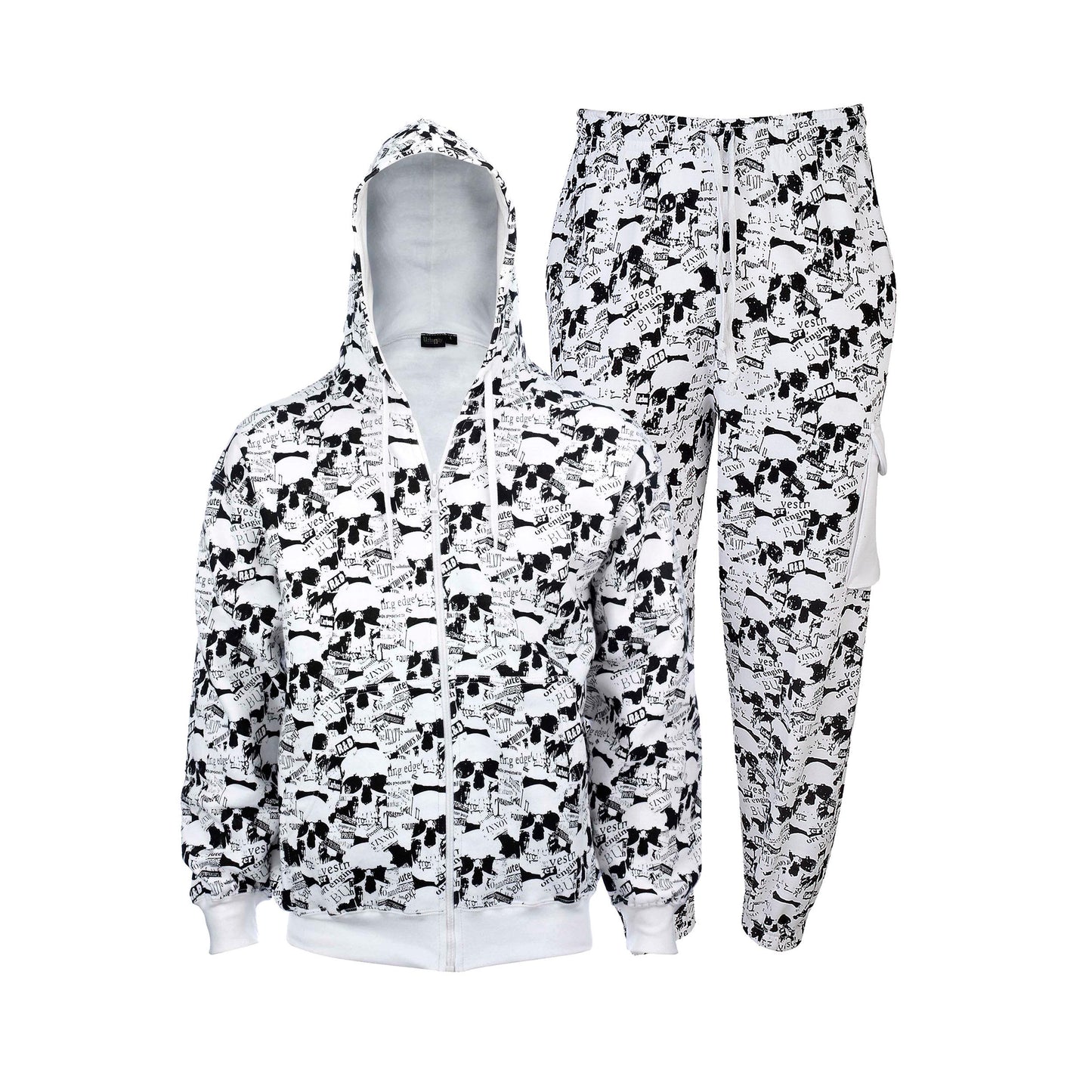Unisex Skull Print Tracksuit Newspaper Style Hoodie & Trouser, 100% Cotton Gothic, Rock, Metal, Punk