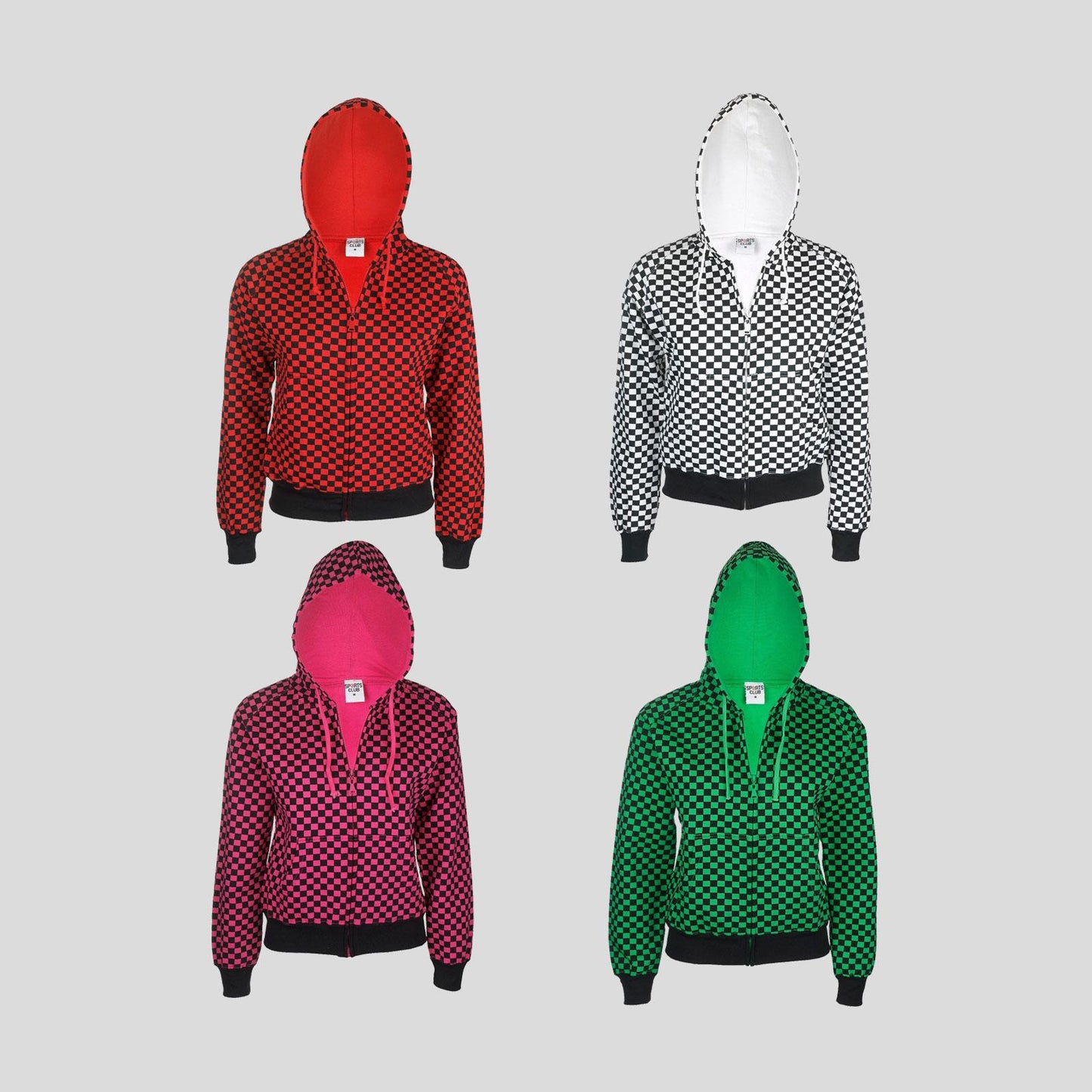 LADIES/GIRLY CHEQUERED Biker Hoodie, Red/Green/Black/ White/Punk/Gothic/Party Top/Formula1