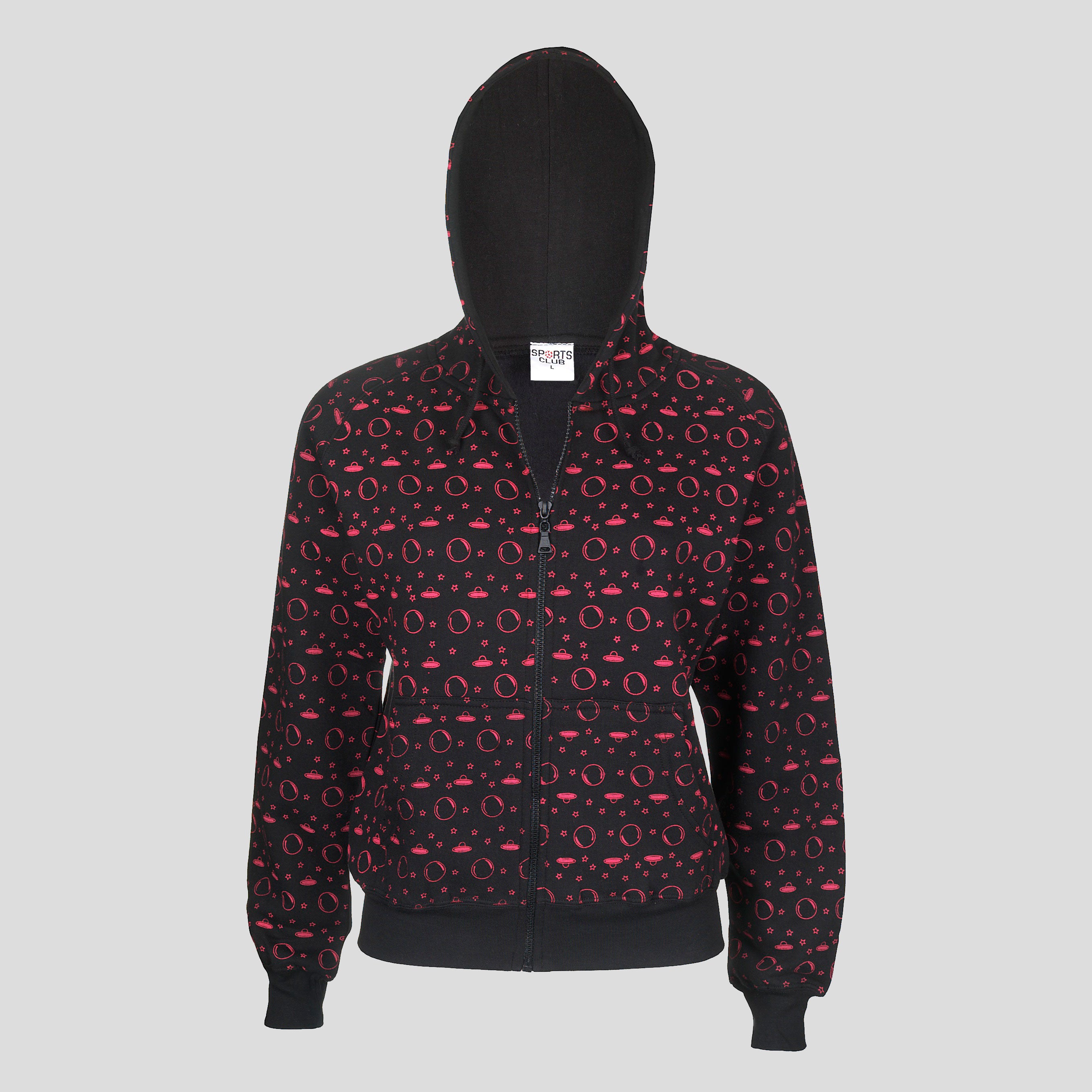 Ladies All-Over Star Moon UFO Print Hoodie Cosmic Twist, Sci-Fi, Halloween, Goth