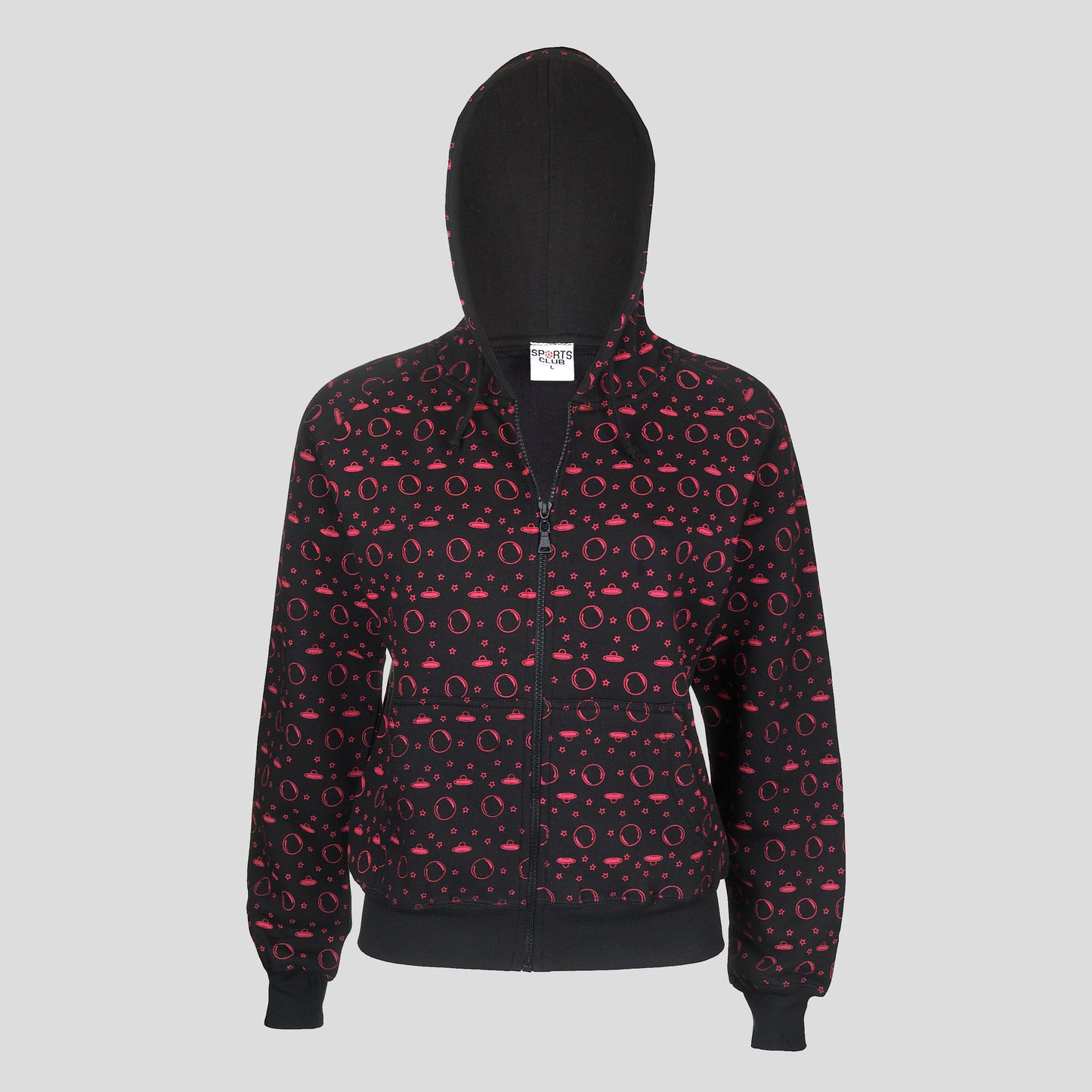 Ladies All-Over Star Moon UFO Print Hoodie Cosmic Twist, Sci-Fi, Halloween, Goth