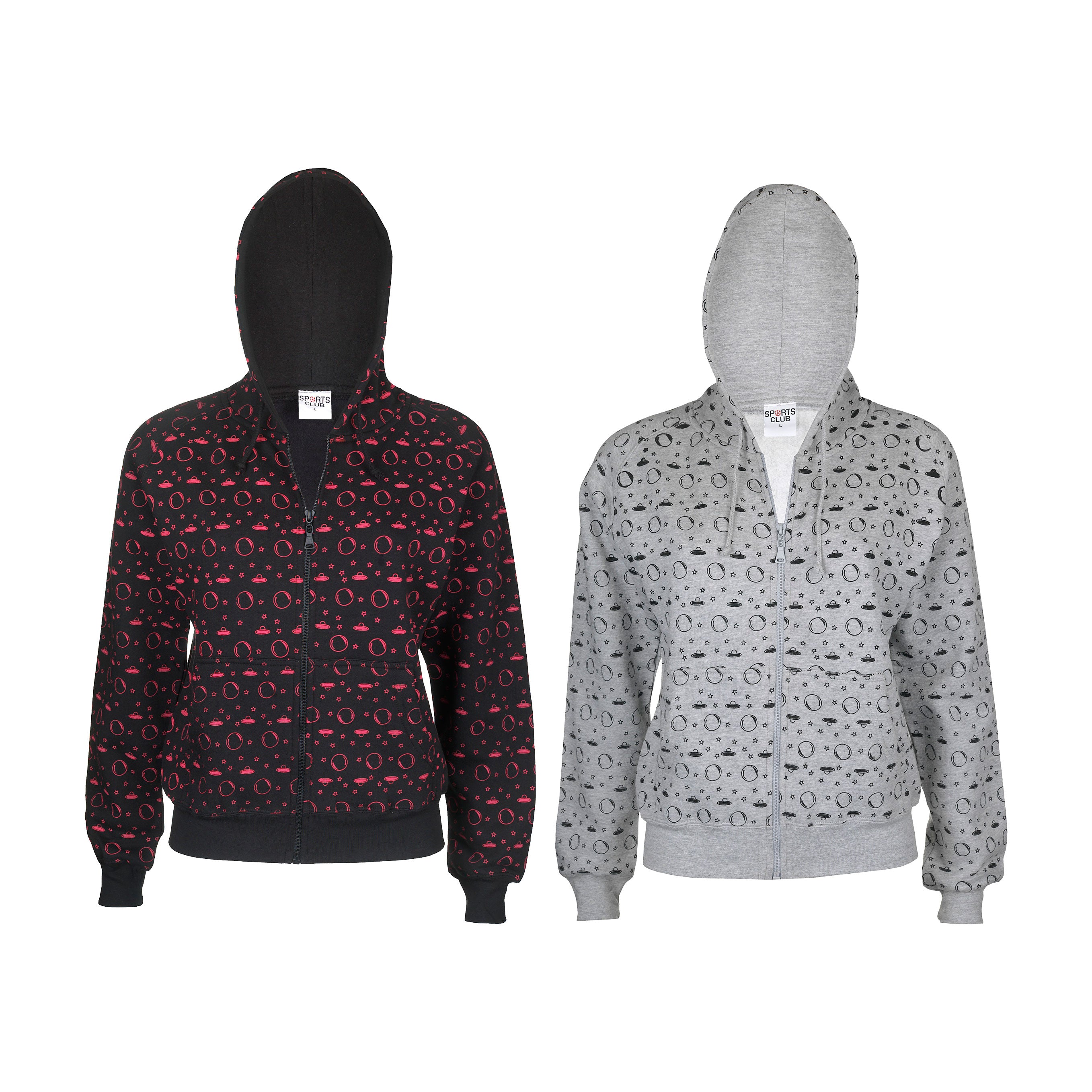 Ladies All-Over Star Moon UFO Print Hoodie Cosmic Twist, Sci-Fi, Halloween, Goth