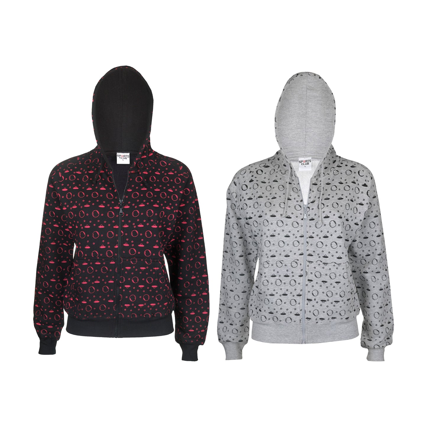 Ladies All-Over Star Moon UFO Print Hoodie Cosmic Twist, Sci-Fi, Halloween, Goth