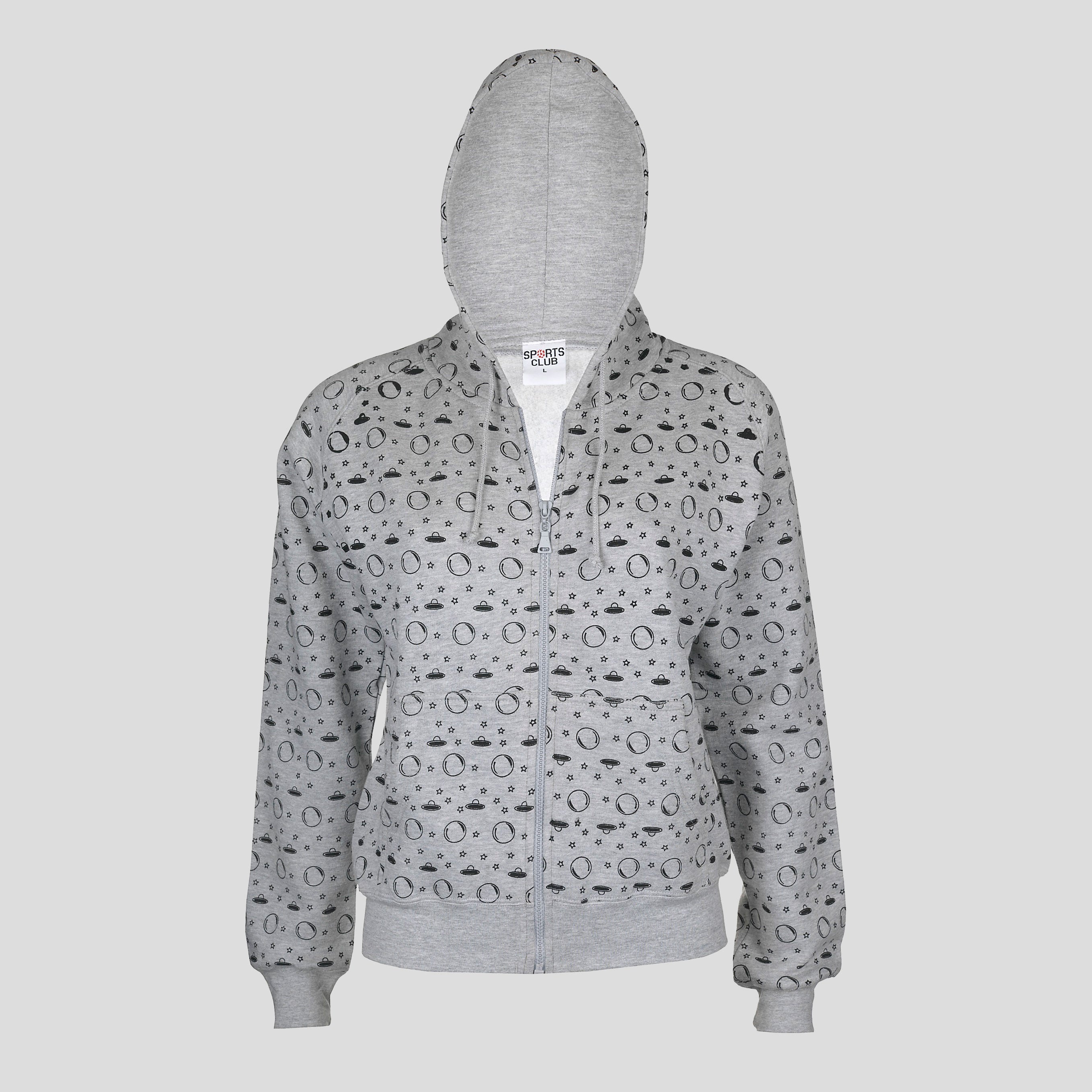 Ladies All-Over Star Moon UFO Print Hoodie Cosmic Twist, Sci-Fi, Halloween, Goth