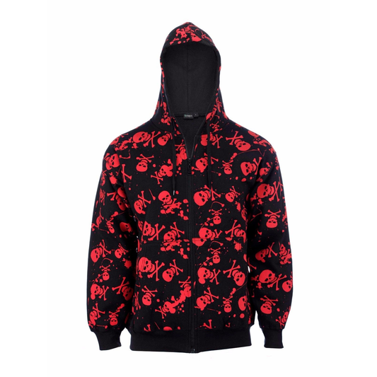 Unisex Black & Red Skull Cross Bone Zip Hoodie Gothic Punk Biker Halloween Style