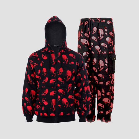 Red Skull Print Tracksuit, All Over Print Rock, Metal, Punk, Gothic, Urban, Streetwear Zipped Hoodie & Bottoms, Tattoo